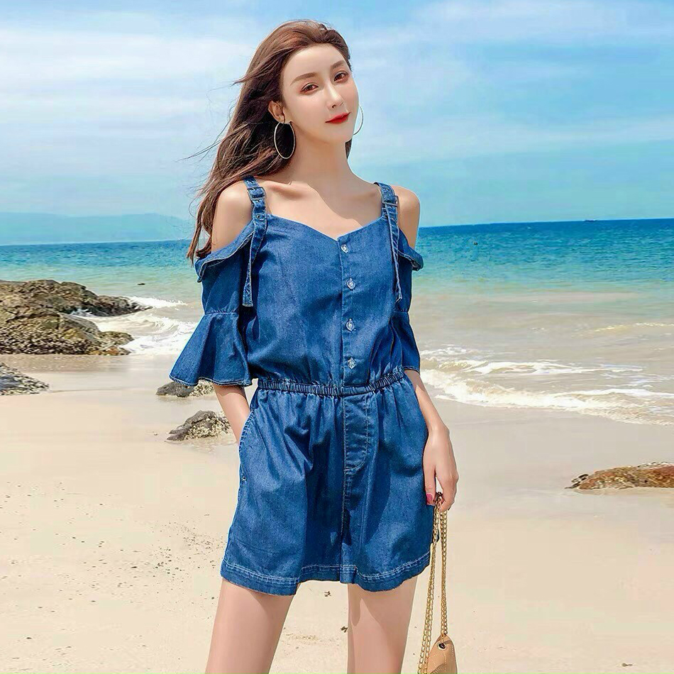 JUMSUIT DENIM ĐÙI TRỄ VAI TAY LOE 